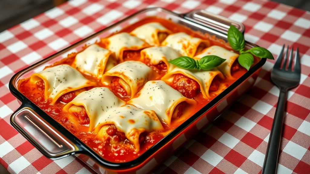 Cheesy Baked Ravioli Casserole Cheesy baked ravioli in marinara sauce garnished with basil on a rustic kitchen table.